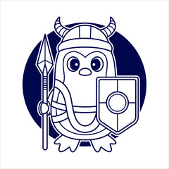 Adorable Penguin with Medieval Warrior Costume holding Spear and Shield. Outline Art