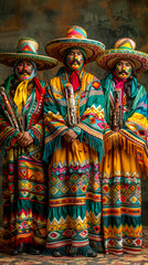 Fototapeta premium Group of people with painted faces and colorful costumes standing next to each other.