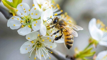 Close-up of a bee collecting nectar from blossoming flowers on a tree, vital for pollination