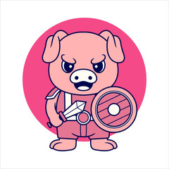Adorable Pig with Medieval Warrior Costume holding Shield and Sword. Flat Color Style