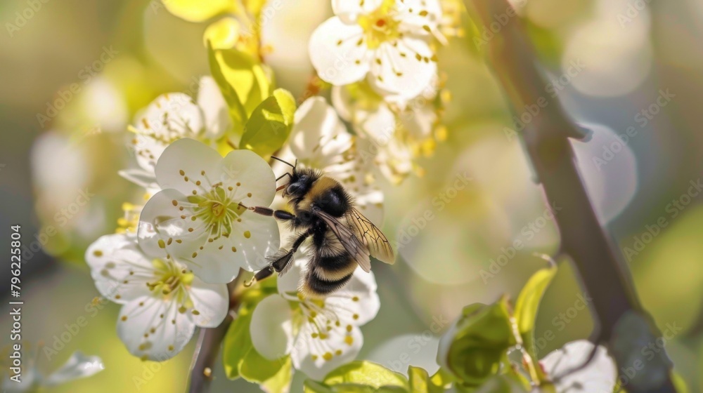 Poster close-up of a bee collecting nectar from blossoming flowers on a tree, vital for pollination