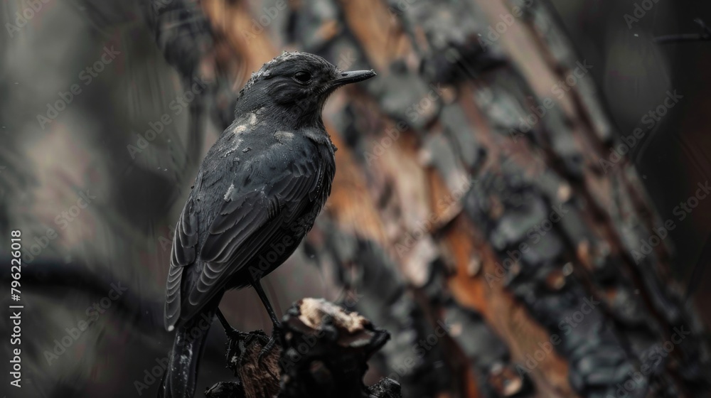 Aufkleber close-up of a bird perched on a tree covered in soot from air pollution, illustrating its impact on 