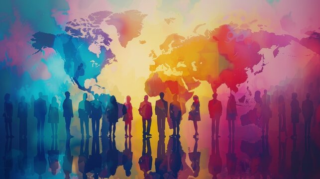 Colorful watercolor painting of the world with people standing in front of it.