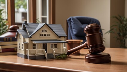 A gavel rests on a desk next to a small model house.

