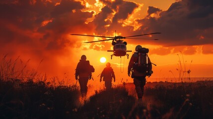 Firefighters walking towards a helicopter at sunset