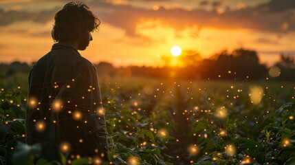 Fireflies dancing around a boy in a field at sunset