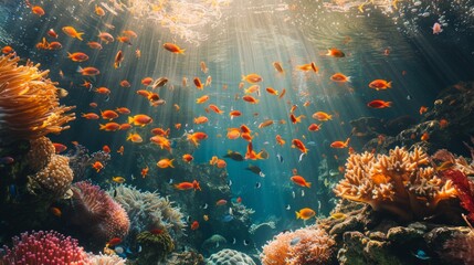 Diverse underwater ecosystem, a coral reef sanctuary, with myriad fish species in harmony, the clarity of the ocean allowing a glimpse into this vibrant, AI Generative