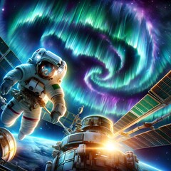 Astronaut Spacewalk During Solar Storm with Auroras