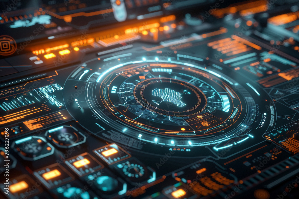 Poster virtual digital hud, a sci-fi interface for document archive storage and retrieval, in 3d visualizat