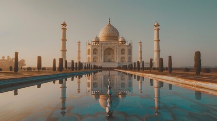 serene sunrise over the Taj Mahal, casting a soft glow on its intricate white marble structures and reflecting in the still waters of the surrounding pool. 