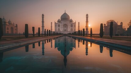 serene sunrise over the Taj Mahal, casting a soft glow on its intricate white marble structures and reflecting in the still waters of the surrounding pool. 