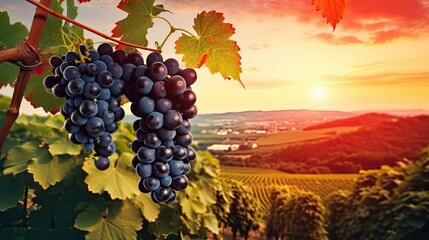 Ripe grapes hung on vineyards of grape trees. In the morning vineyard. Generative AI