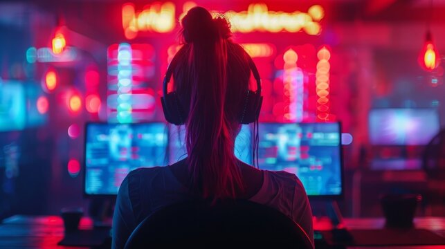 Girl sitting in front of a computer wearing headphones and staring at the screen.