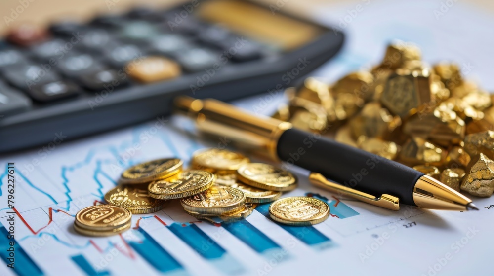 Poster close-up of a calculator and pen on a financial report, calculating the value of gold holdings in an
