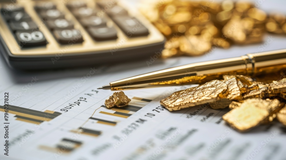 Poster close-up of a calculator and pen on a financial report, calculating the value of gold holdings in an