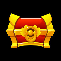 Red and golden treasure chest illustration, vector pirate box on black. Game achievement success gift, antique trunk, PRG UI winner bonus reward. Vintage chest