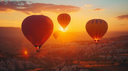 Hot air balloons soar against a vivid sunset sky, with the warm light casting over the hilly landscape below.