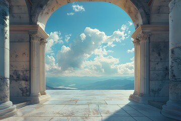 Captivating Architectural Archway Framing Serene Landscape with Dramatic Cloudy Sky - Powered by Adobe