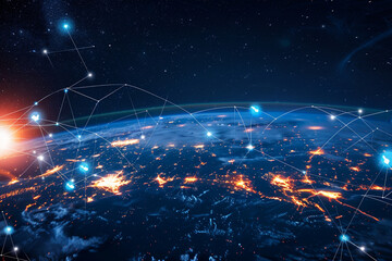 Virtual representation of the planet as a digital globe with interconnected nodes and lines highlighting global networking and connectivity