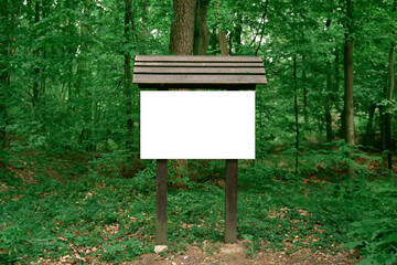 Blank sign on the hiking path in the woods