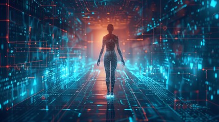 Illustration of a glowing woman walking through a digital landscape.