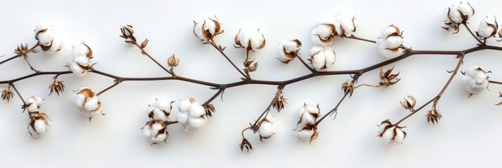 A beautiful sprig of cotton on a white background, a place for text. Delicate white cotton flowers.