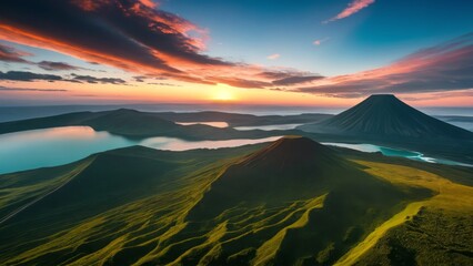 Azores, Faial island - Aerial view from drone to green volcano Caldeira at sunrise, Portugal, Alienscape landscape,