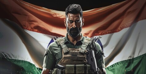 A poster of an Indian soldier standing in front of the Indian flag, wearing a military uniform and holding a weapon.