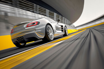 Silver car speeding on a race track with yellow lines. Back view.