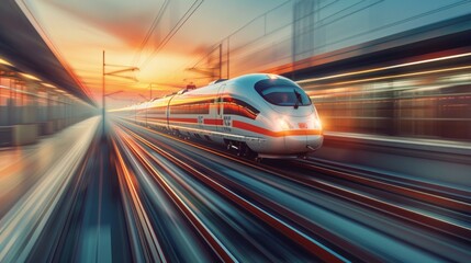 Sleek high-speed train zooming through a futuristic landscape, symbolizing modern passenger travel and cargo delivery, blurring countryside, AI Generative