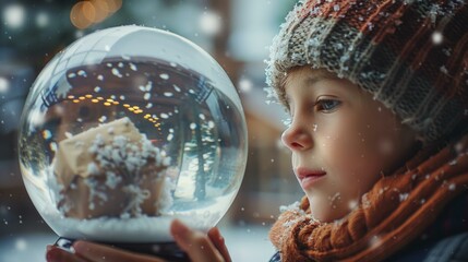 Naklejka premium Wonder on child's face, magical snow globe, transports to winter wonderland, gift unwrapping moment, AI Generative