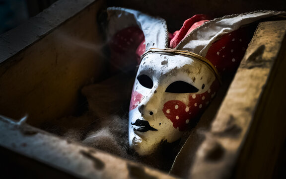 old carnival mask lies forgotten in a box in the attic, AI generated