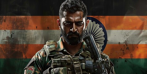 A poster of an Indian soldier standing in front of the Indian flag, wearing a military uniform and holding a weapon. - obrazy, fototapety, plakaty