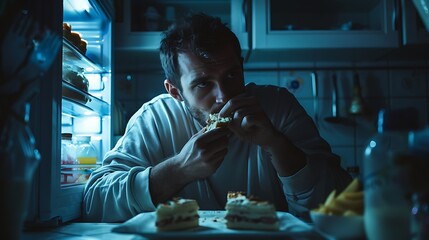 Hungry man in pajamas eating sweet cakes at night near refrigerator, Stop diet and gain extra pounds due to high carbs food and unhealthy night eating