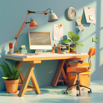 3D Illustration of working station, freelancers, students, officers. Cartoon and cute style