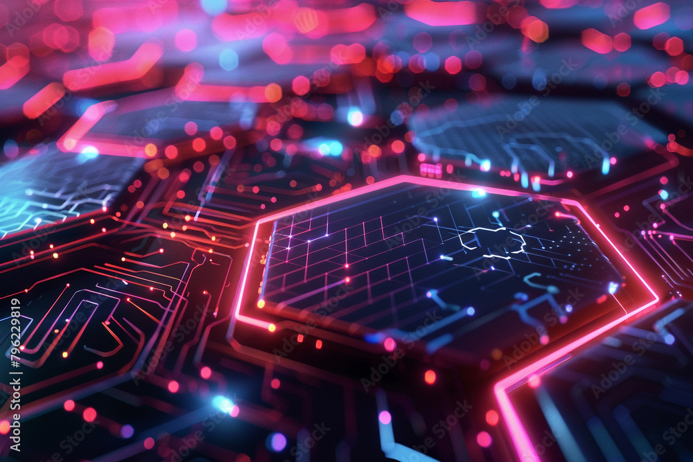 Poster vivid cybernetic hexagons on a futuristic digital background, showcasing connectivity and advanced a