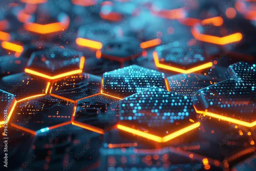 Poster vivid cybernetic hexagons on a futuristic digital background, showcasing connectivity and advanced a