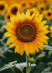 Beautiful blooming Sunflower meadow, field. Close-up Sunflower. Beautiful scenery. Nature. Beauty. - obrazy, fototapety, plakaty