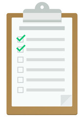 Clipboard with a checklist of which the first 2 checkboxes are validated in flat design style