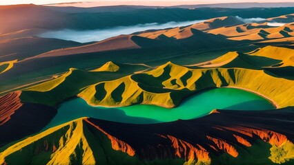 Azores, Faial island - Aerial view from drone to green volcano Caldeira at sunrise, Portugal, Alienscape landscape,