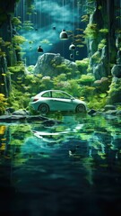 "Eco-conscious lifestyle: Electric vehicles in serene, nature-rich settings, symbolizing harmony between technology and the environment