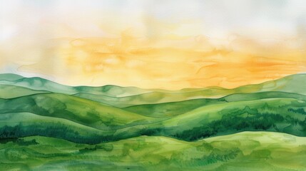 Sweeping watercolor landscape of rolling green hills under a sunset sky