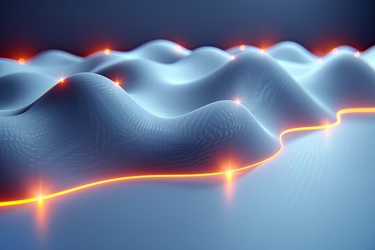 a computer generated image of a blue surface with waves and lights coming out of it