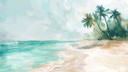 A watercolor blur of a tropical beach scene where soft blues and greens merge with sandy tones