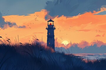 A lighthouse that stands tall against the skyline in style - obrazy, fototapety, plakaty