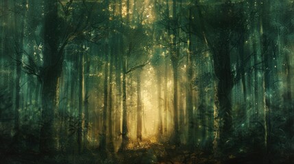 Obraz premium An abstract depiction of a forest with towering tree shapes using a palette of deep greens and earthy browns