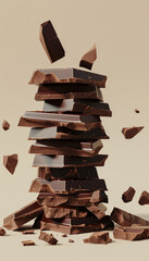 Chocolate bar stack creative advertising banner. Pile of chocolate pieces on light beige background
