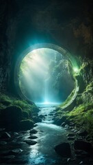 A magical portal glowing softly amidst the mist within the depths of a cave