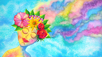 human head chakra body mind mental health growing healing spiritual think floral breath peace inspiring energy emotion holistic connected universe art watercolor painting collage illustration design