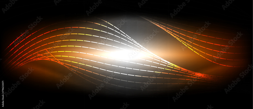 Poster a radiant amber wave with a luminous lens flare on a dark background resembling an astronomical even